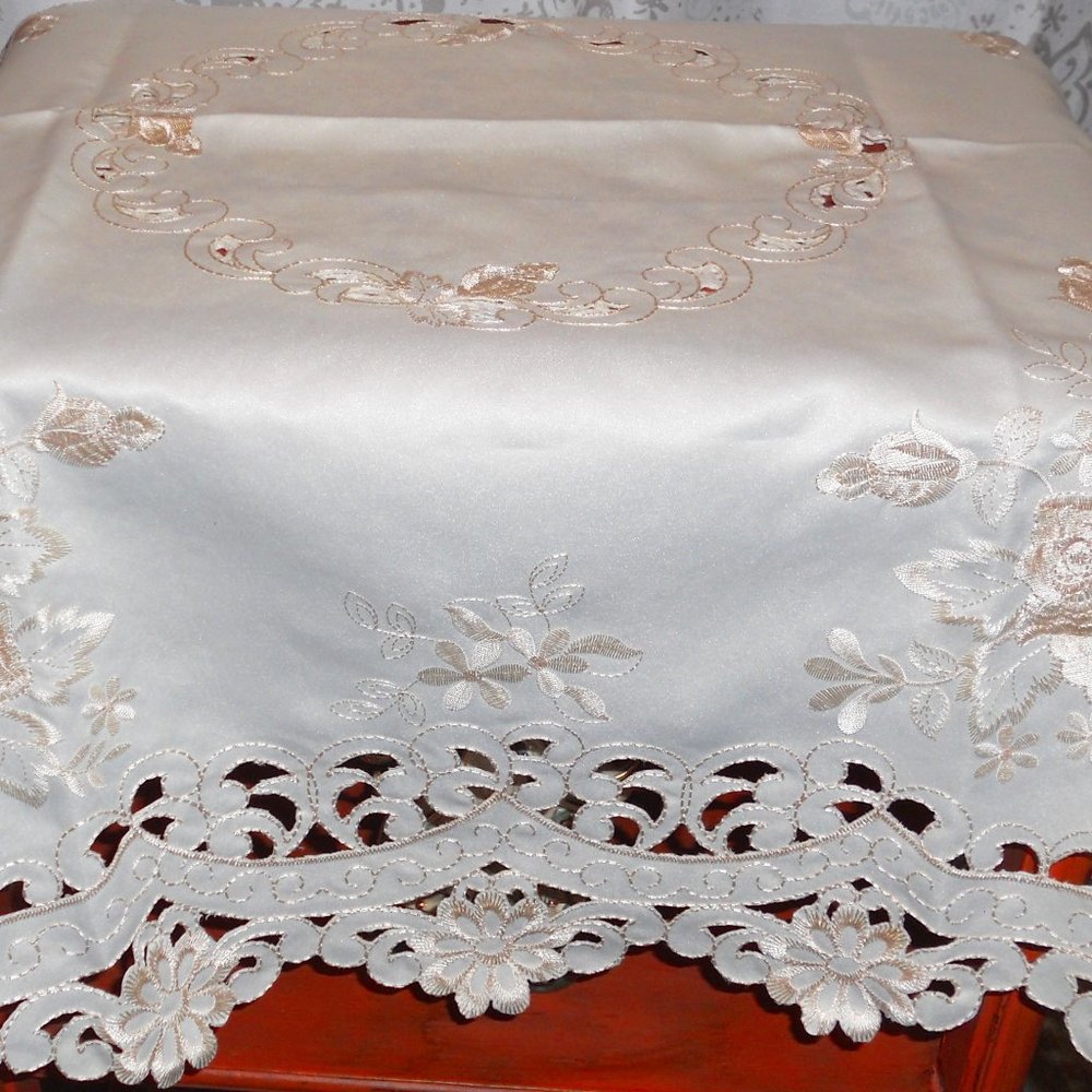NWT Ivory Satin Square-ish Table Cover Tonal Floral Laser Cut Detail
